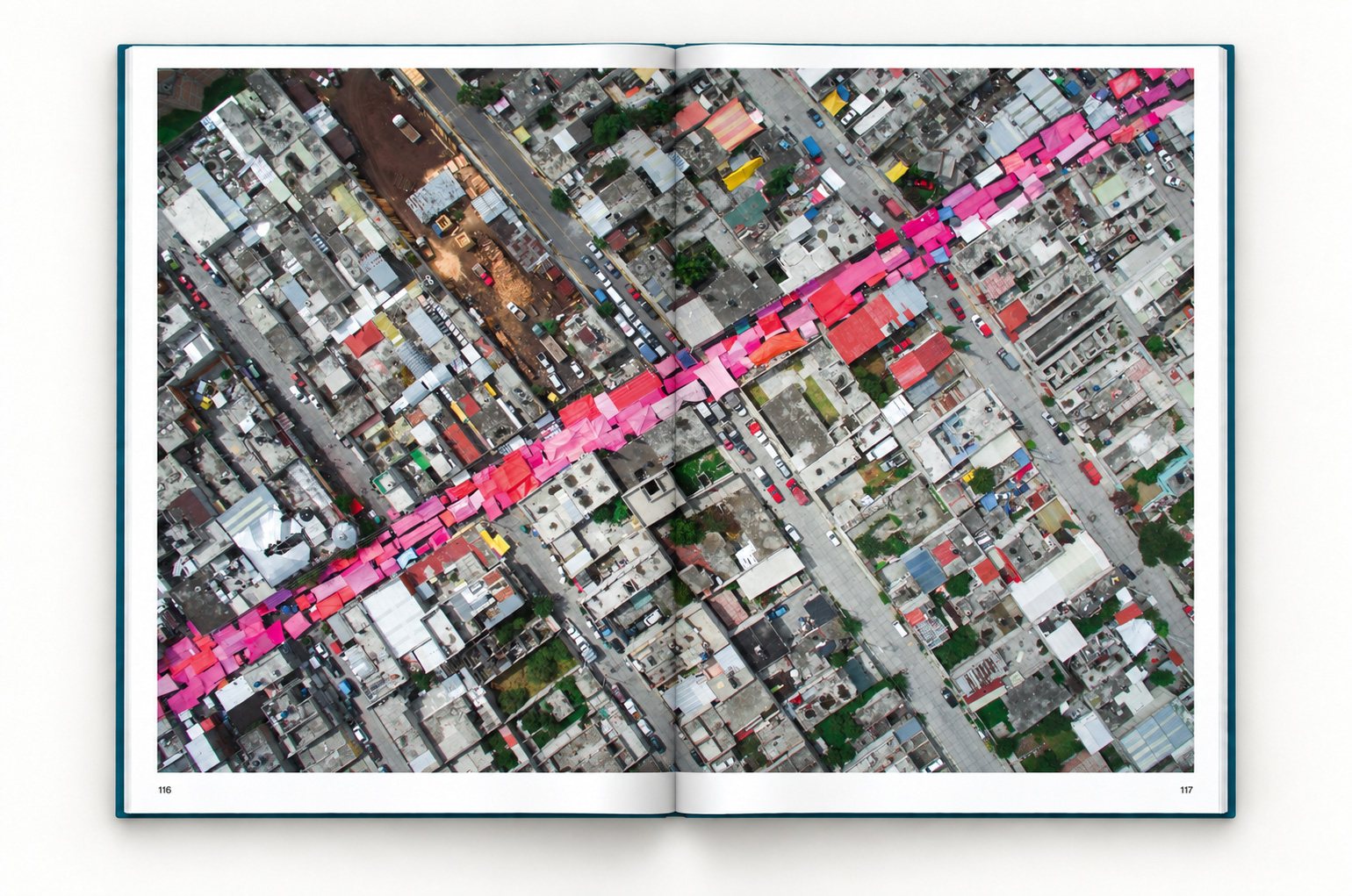 The book open at pages 116 and 117. One photograph runs across both pages: a street market under pink awnings runs diagonally through a grid of flat concrete roofs.