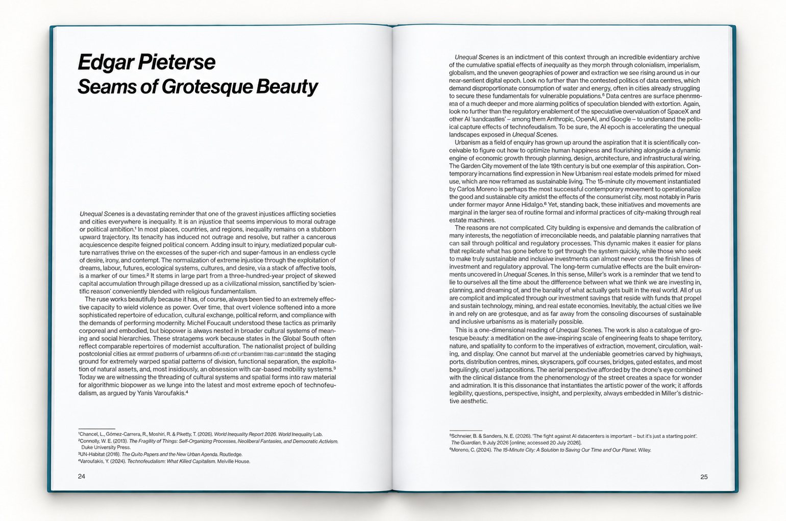 The book open at pages 24 and 25: the essay "Seams of Grotesque Beauty" by Edgar Pieterse, set in two columns of text.