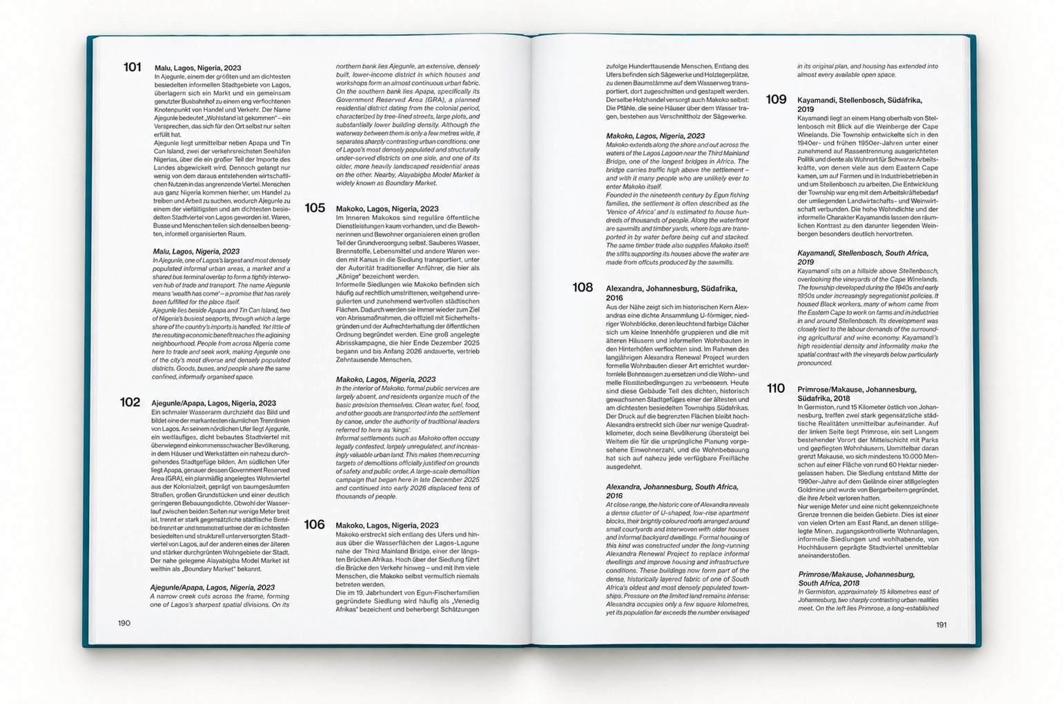 The book open at pages 190 and 191: the caption index with page numbers, place names and short texts in German and English.