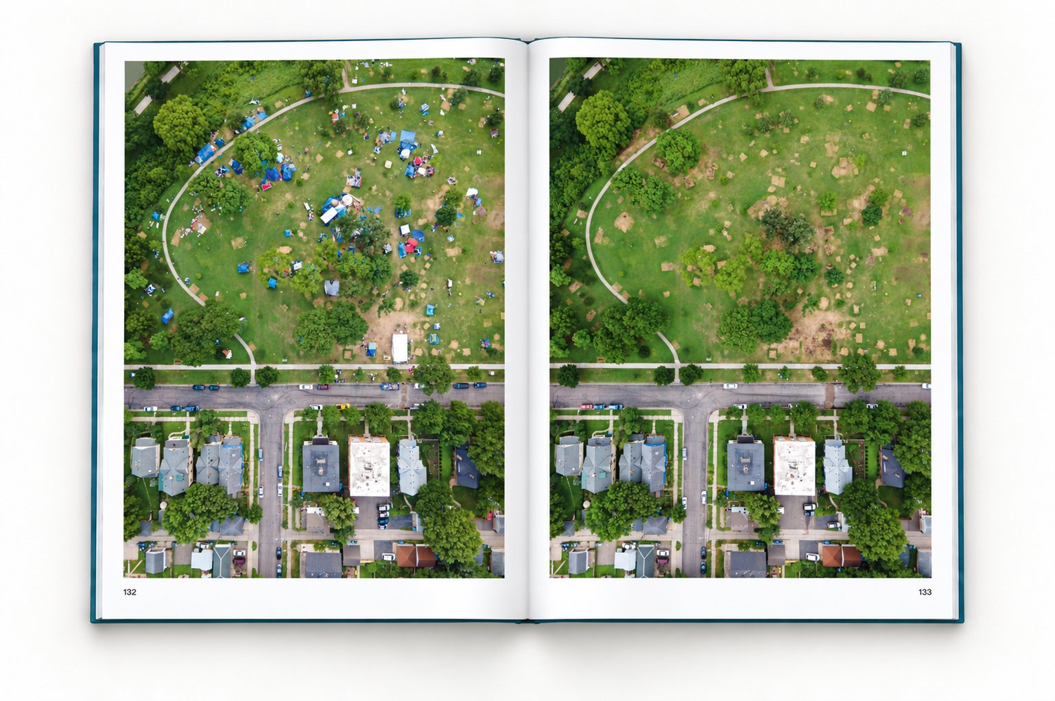 The book open at pages 132 and 133, one upright photograph on each page, taken from the same point. Left: tents fill a park beside a curved path, above a street of houses. Right: the same park weeks later, the tents gone and the grass worn in patches.