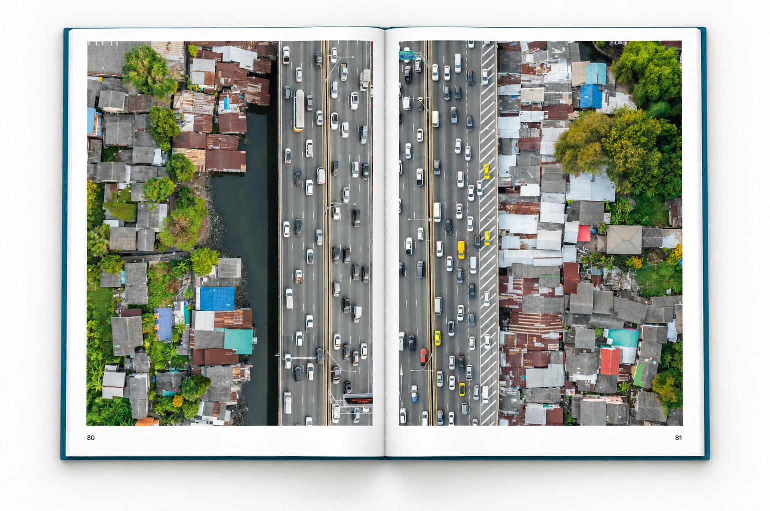 The book open at pages 80 and 81, one upright photograph on each page. A multi-lane expressway full of cars runs between a canal and dense low houses with rusted and colored tin roofs.