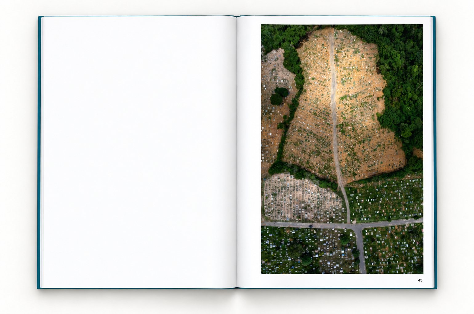 The book open at page 45, the left page blank. Rows of new graves cover a cleared slope in the forest, above older sections of a cemetery divided by roads.