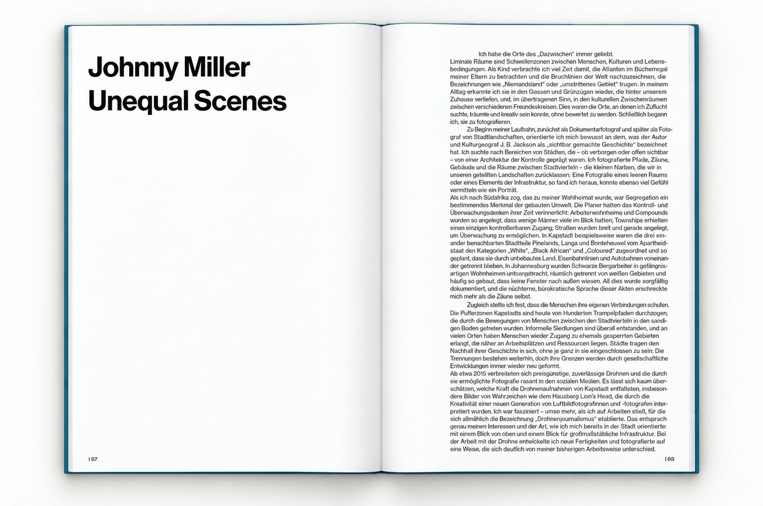 The book open at the start of Johnny Miller's own text: the name and title in large black type on the left page, the German text in one column on the right.