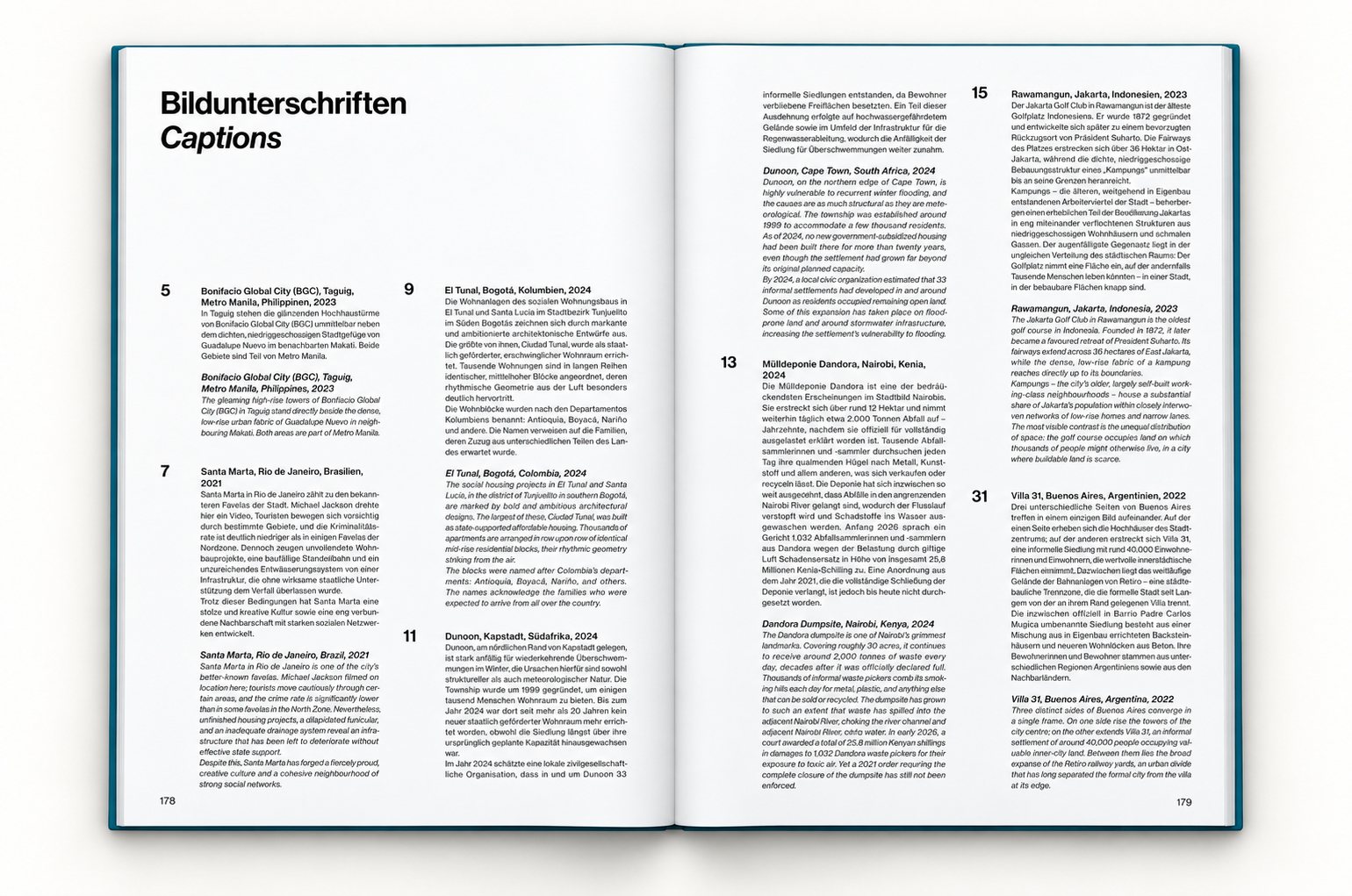 The book open at pages 178 and 179: the caption index with page numbers, place names and short texts in German and English.