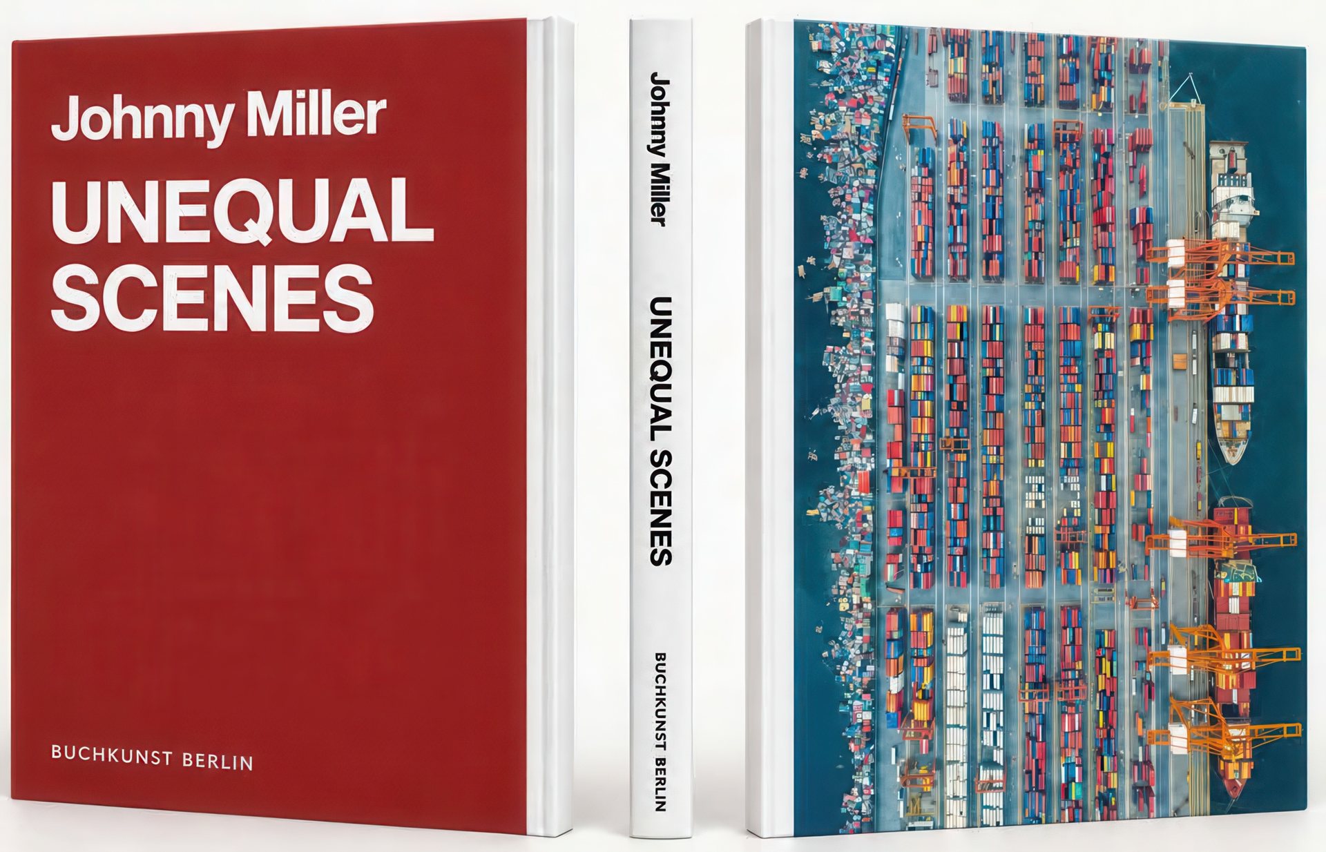 Three views of the book: a red cover with the author's name and the title in white type, the white spine, and a cover with an aerial photograph of container rows, cranes and ships at the Port of Manila.