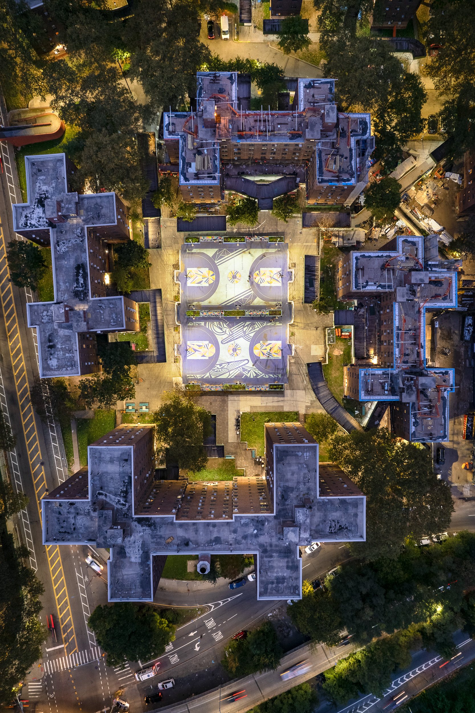 The Ingersoll Houses, illuminated here at night, are among New York City’s oldest public housing developments.