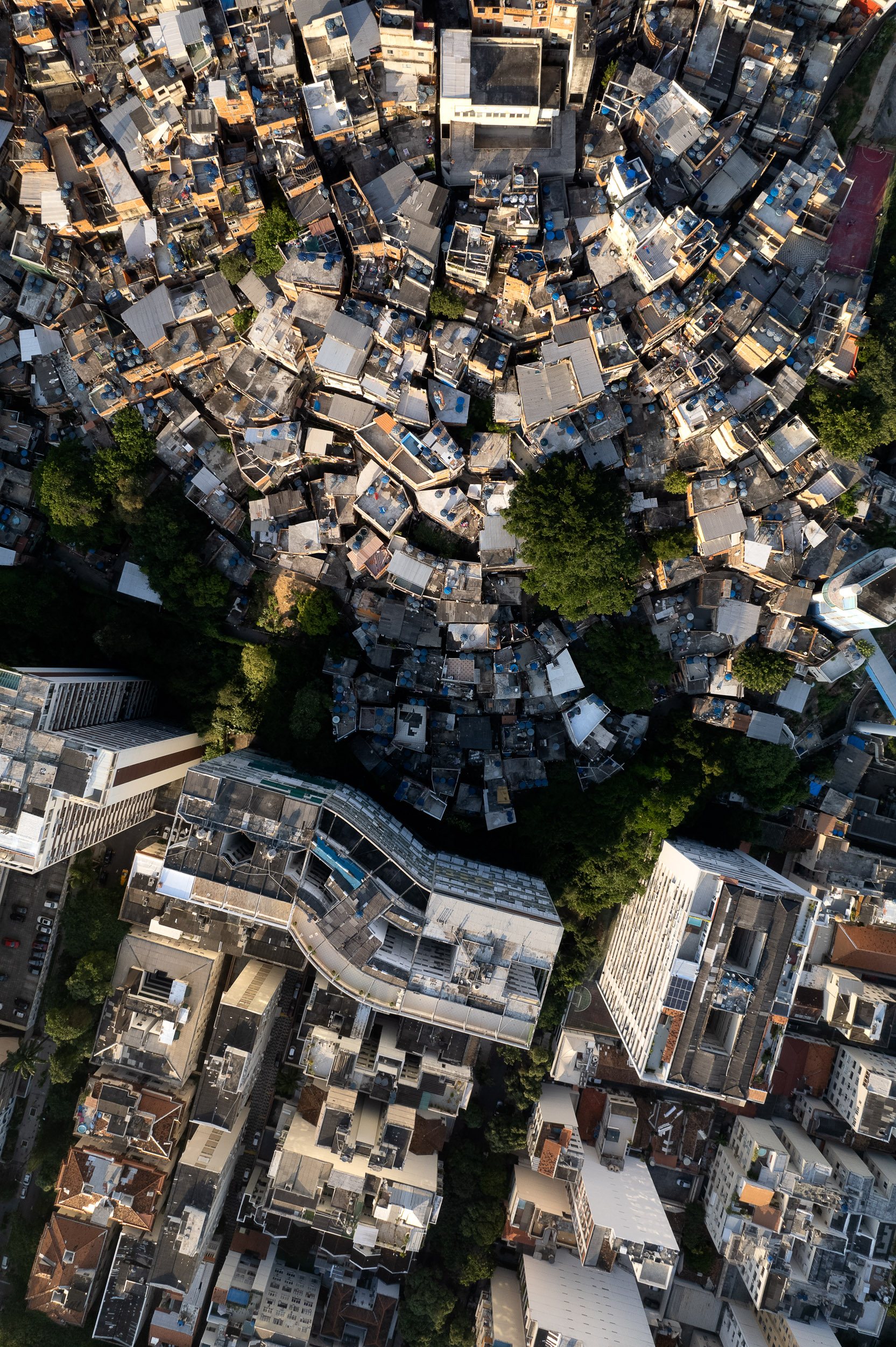 Top-down image of a favela next to planned development in Ipanema.